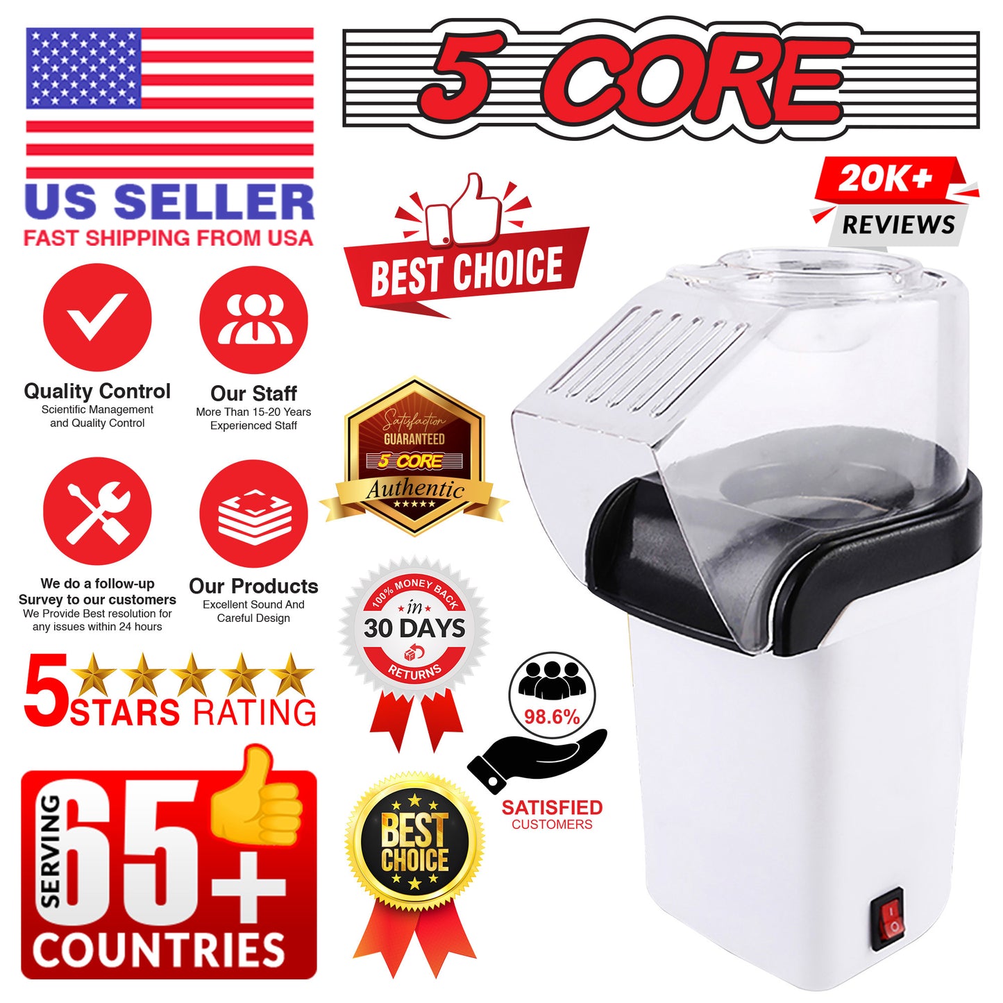 Popcorn Machine Hot Air Electric Popper Kernel Corn Maker Bpa Free No Oil 5 Core POP