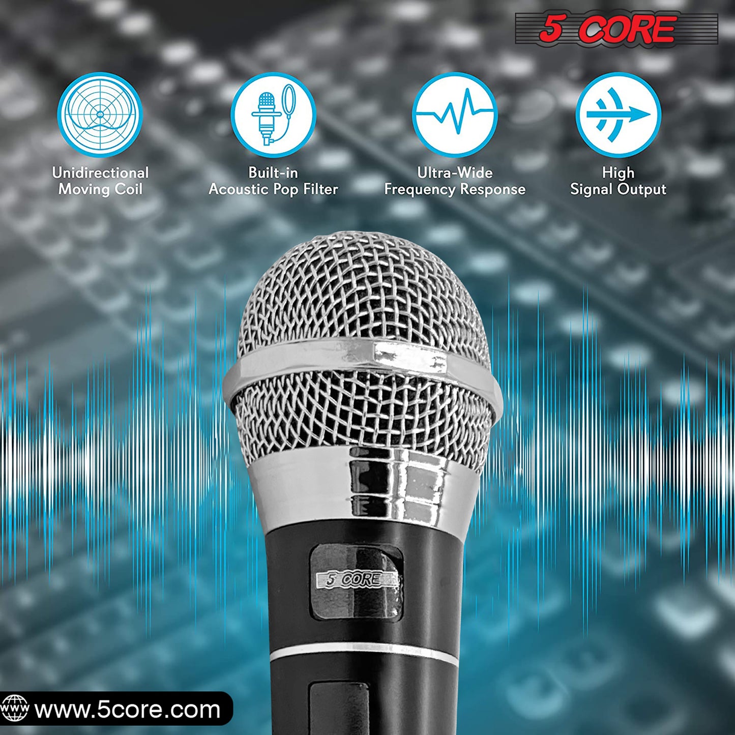 5 CORE Premium Handheld Microphone Unidirectional Vocal Dynamic Cardioid Mic W Detachable 10ft XLR Cable, Mic Clip, Mesh Grille & ON/Off Switch Suited for Speakers, Amp, Mixers, Karaoke Singing- PM100