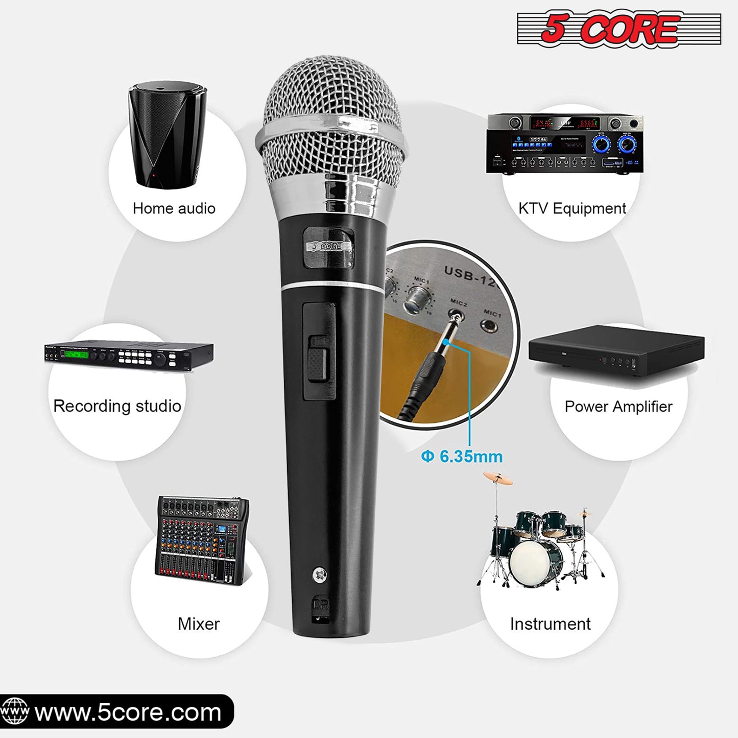 5 CORE Premium Handheld Microphone Unidirectional Vocal Dynamic Cardioid Mic W Detachable 10ft XLR Cable, Mic Clip, Mesh Grille & ON/Off Switch Suited for Speakers, Amp, Mixers, Karaoke Singing- PM100