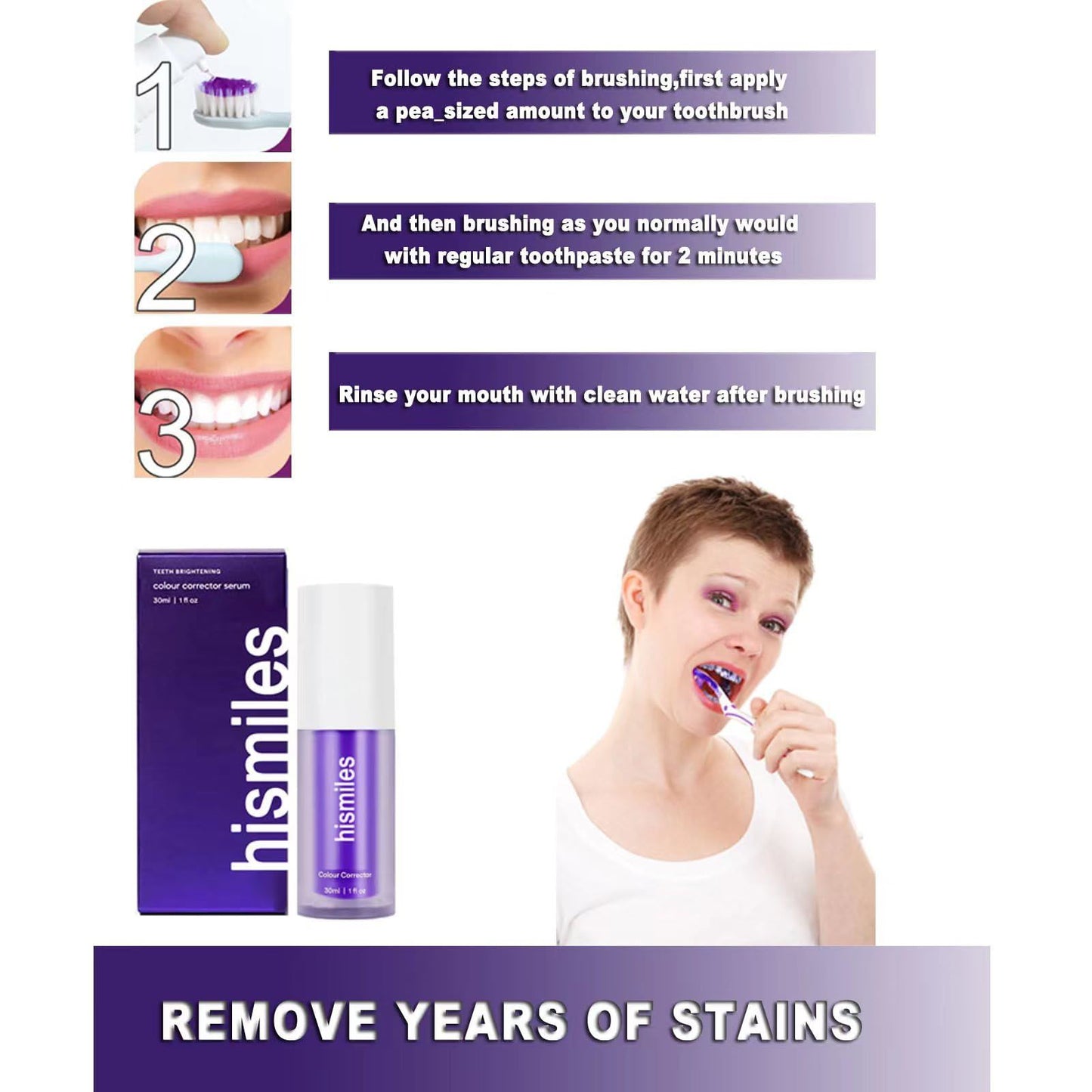 Hismile Colour Corrector, Tooth Stain Removal, Teeth Whitening Booster, Purple Toothpaste, Colour Correcting,