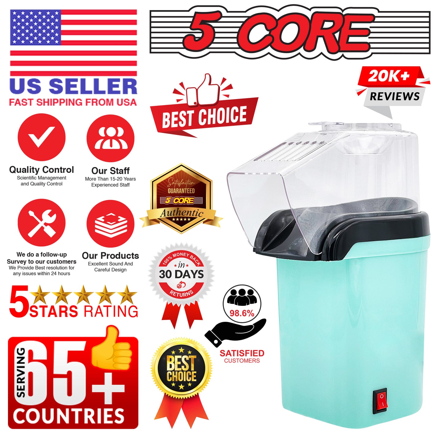 Popcorn Machine Hot Air Electric Popper Kernel Corn Maker Bpa Free No Oil 5 Core POP