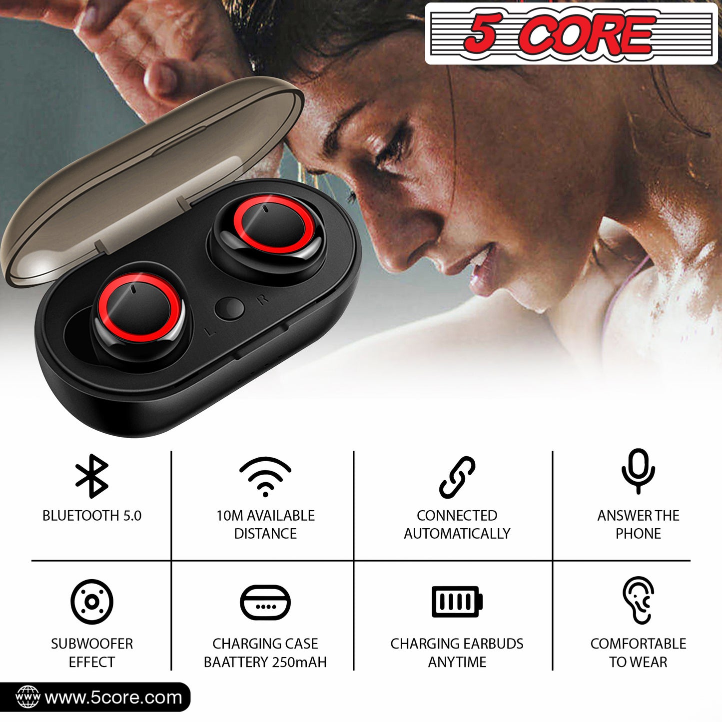 5 CORE Wireless Earbuds, Bluetooth 5.0 Noise Cancelling Headphones w/Charging Case- 132Hrs Play Time, Built-in Microphone IPX8 Waterproof for Sports Workout Laptop TV Computer Phone