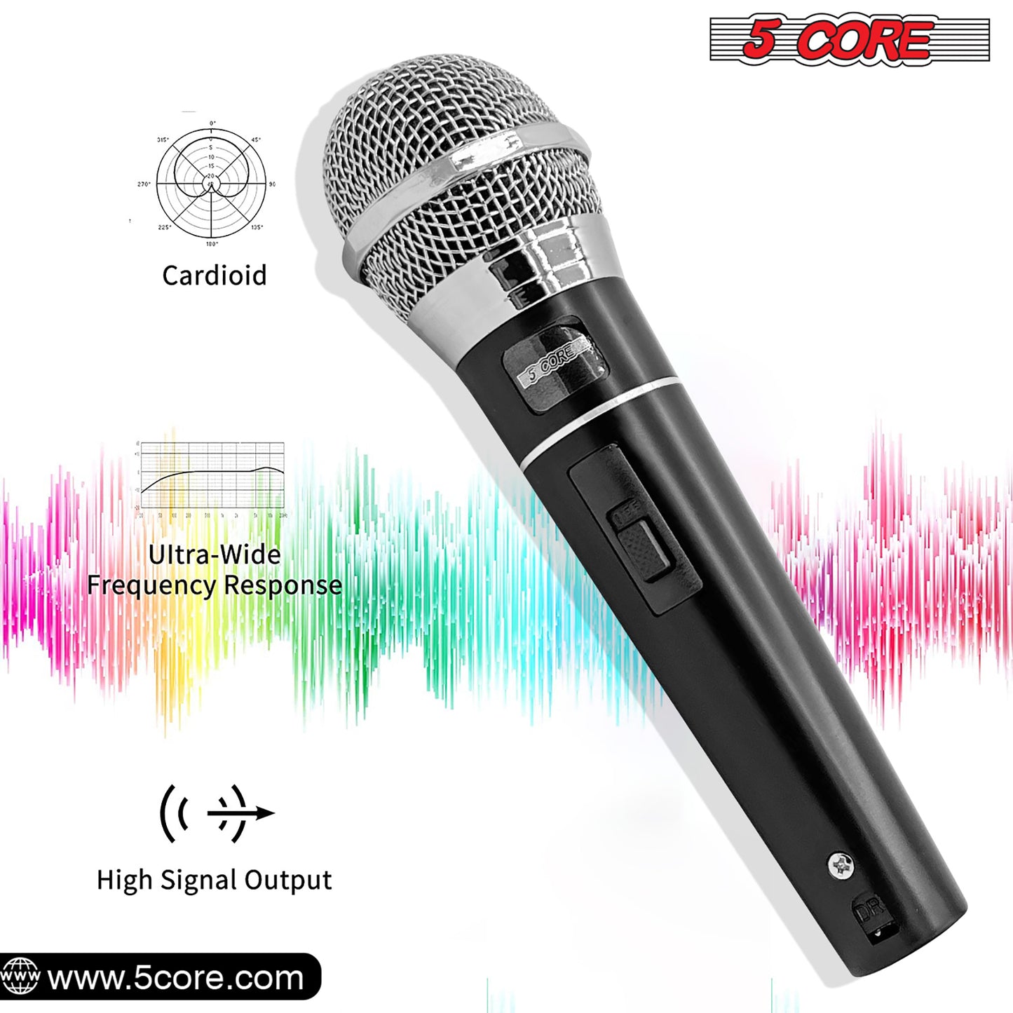 5 CORE Premium Handheld Microphone Unidirectional Vocal Dynamic Cardioid Mic W Detachable 10ft XLR Cable, Mic Clip, Mesh Grille & ON/Off Switch Suited for Speakers, Amp, Mixers, Karaoke Singing- PM100