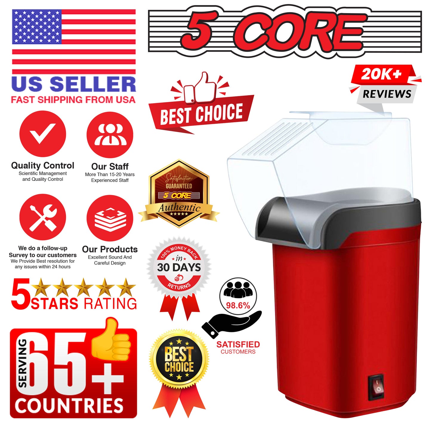 Popcorn Machine Hot Air Electric Popper Kernel Corn Maker Bpa Free No Oil 5 Core POP