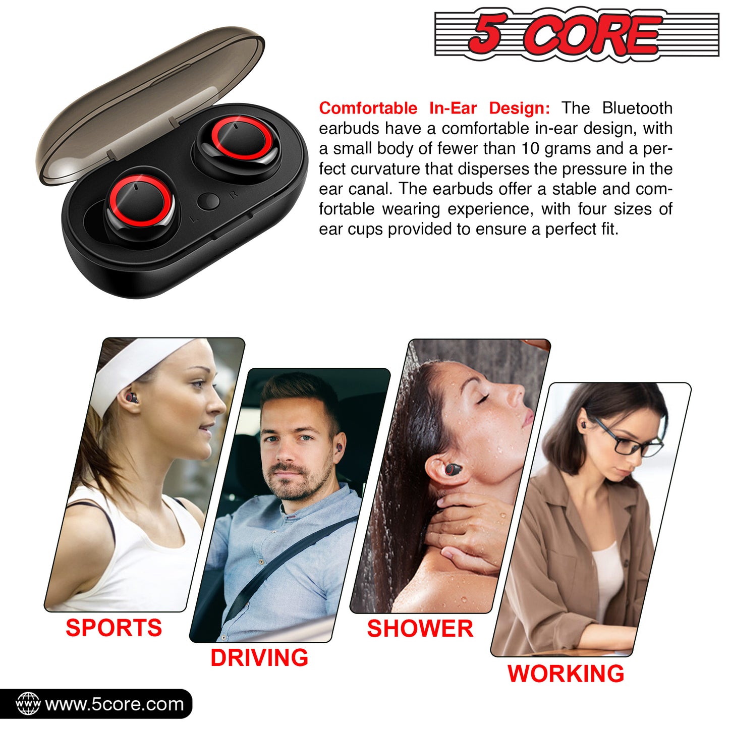 5 CORE Wireless Earbuds, Bluetooth 5.0 Noise Cancelling Headphones w/Charging Case- 132Hrs Play Time, Built-in Microphone IPX8 Waterproof for Sports Workout Laptop TV Computer Phone