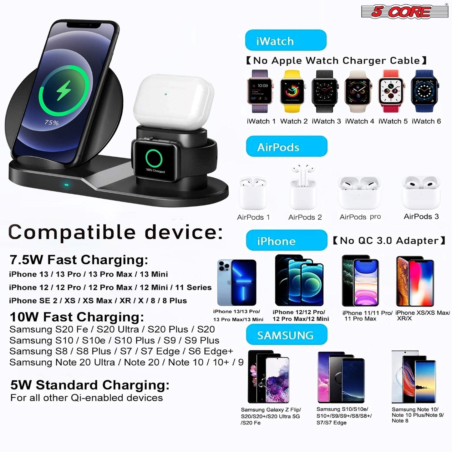 5 Core Wireless Charger, 3 in 1 Qi Wireless Charging Station 10W / 15W, Fast Wireless Charging Pad, Travel Charger for Multiple Devices for Qi Phones, Android, Galaxy S- Series, Watch, Earbuds - WCR 3